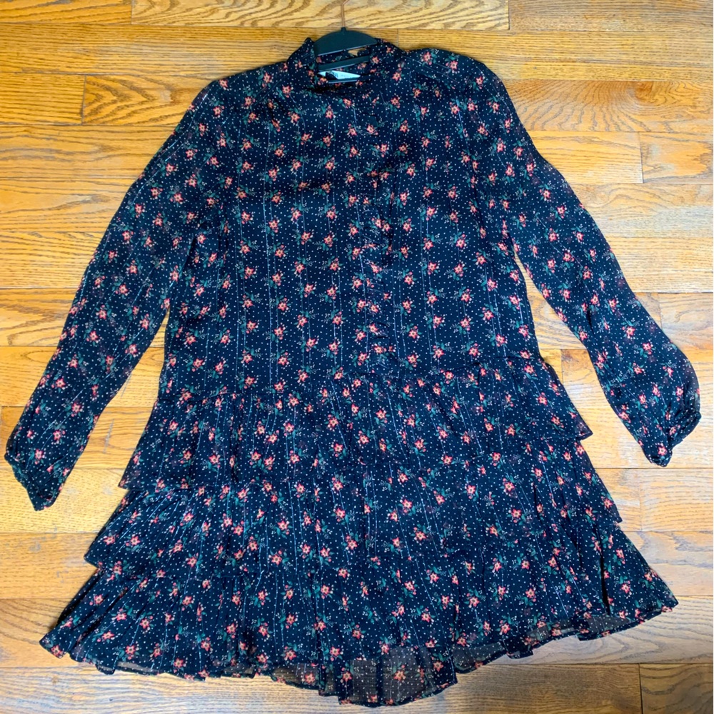 ZARA floral mini dress. The colors include black, red/pink and green. Size is M.
